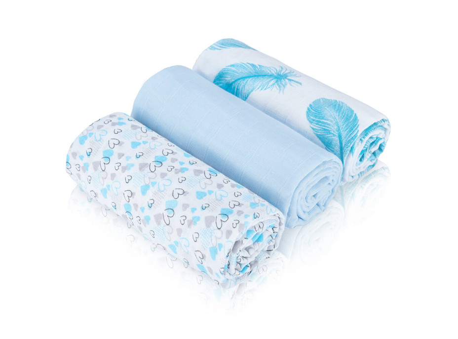 Dětské mušelínové pleny BABY 70x80 cm - sada 3 ks - Modré lístky a srdíčka