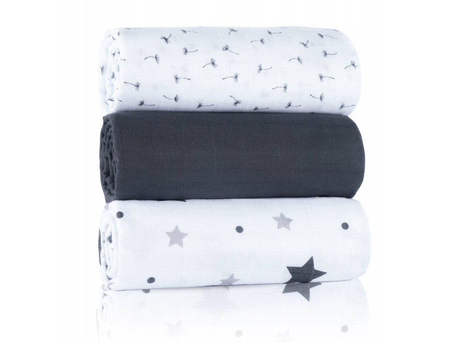 Dětské mušelínové pleny BABY 70x80 cm - sada 3 ks - Tmavě šedé hvězdičky