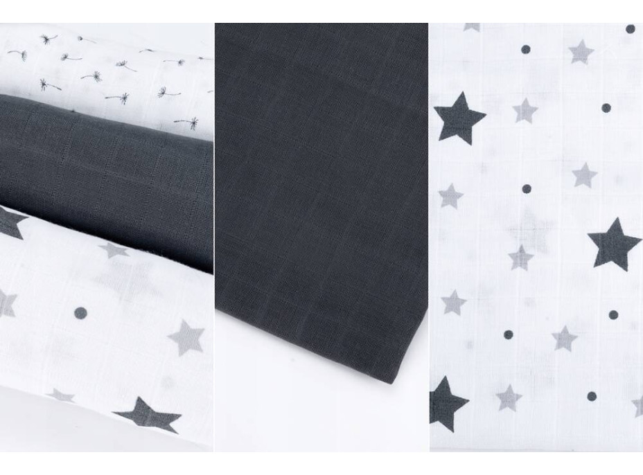 Dětské mušelínové pleny BABY 70x80 cm - sada 3 ks - Tmavě šedé hvězdičky