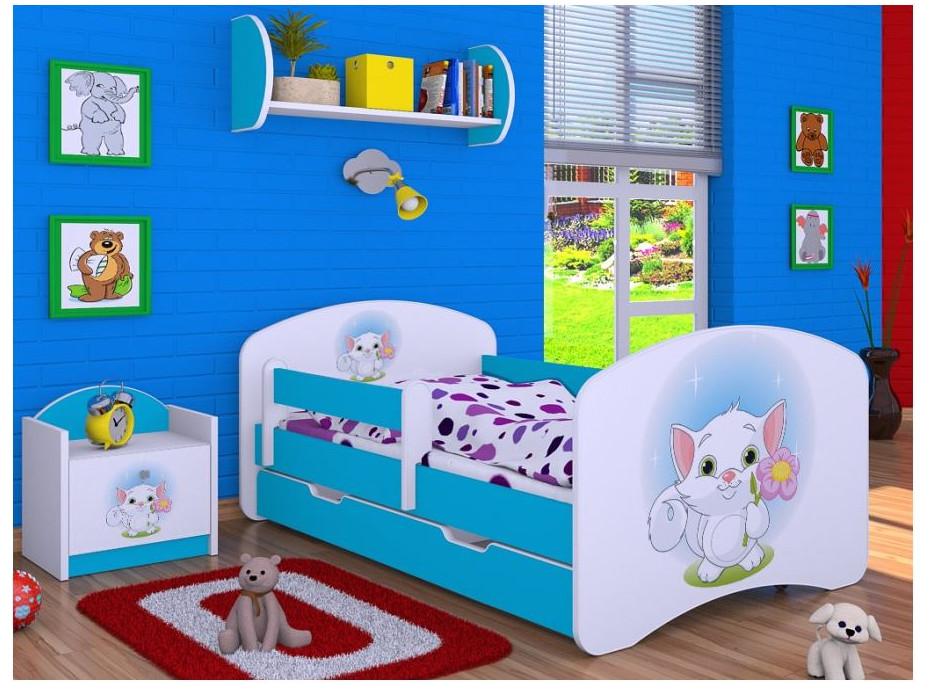 Dětská postel se šuplíkem 180x90cm KOČIČKA S KYTIČKOU - modrá