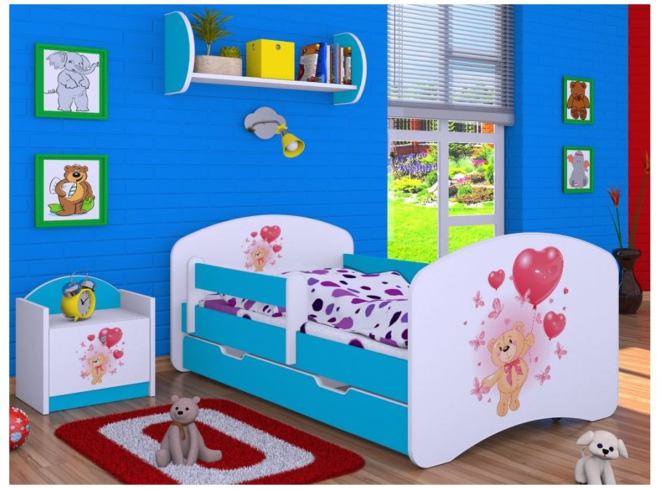 Dětská postel se šuplíkem 160x80cm MEDVÍDEK S BALONKY - modrá