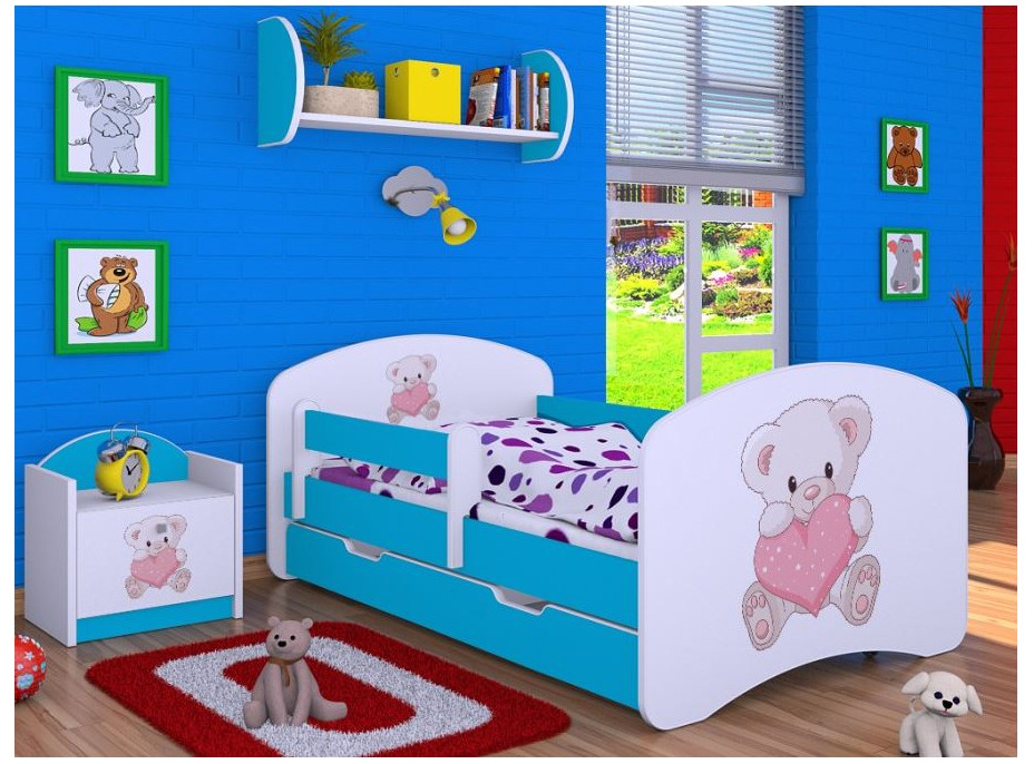 Dětská postel se šuplíkem 180x90cm MEDVÍDEK SE SRDÍČKEM - modrá