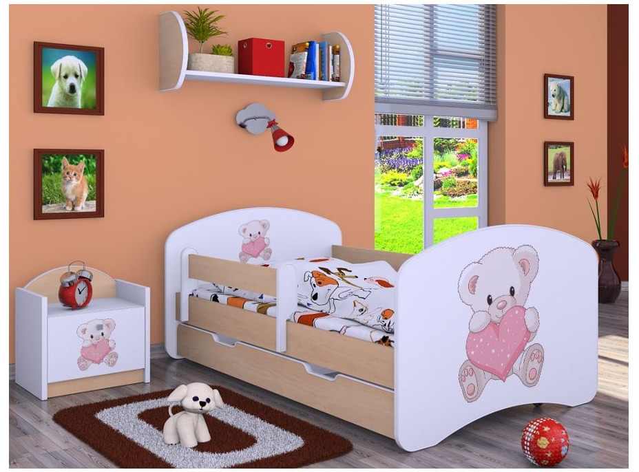 Dětská postel se šuplíkem 180x90cm MEDVÍDEK SE SRDÍČKEM - světlá hruška