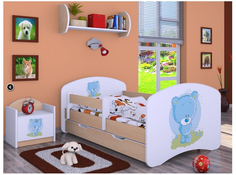 Dětská postel se šuplíkem 180x90cm MODRÝ MEDVÍDEK - světlá hruška