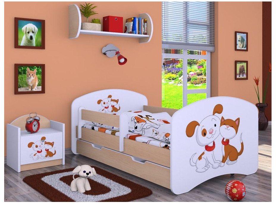 Dětská postel se šuplíkem 180x90cm PEJSEK A KOČIČKA - světlá hruška