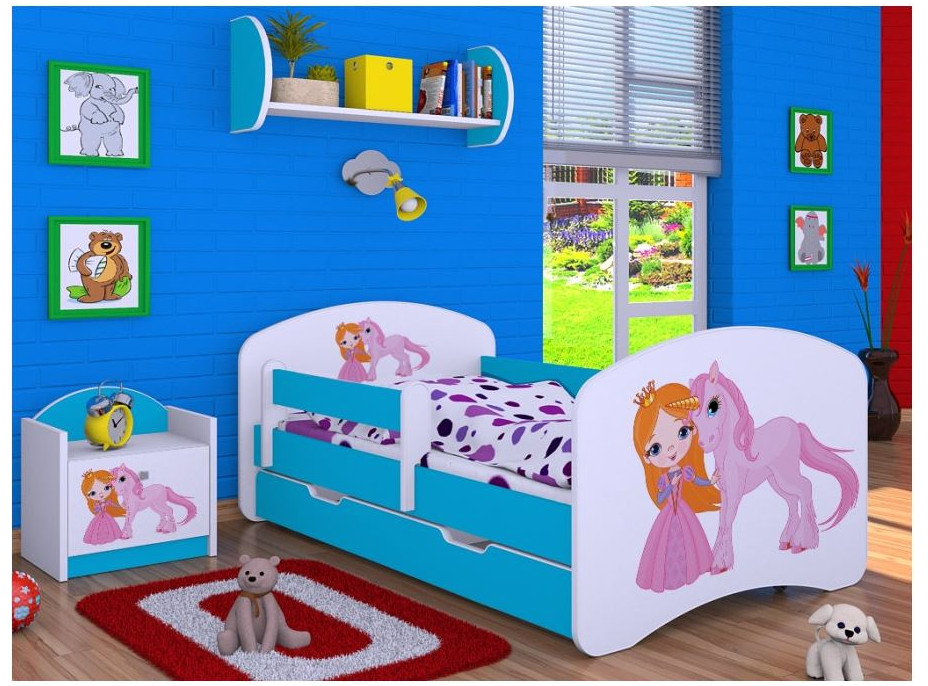 Dětská postel se šuplíkem 160x80cm PRINCEZNA A JEDNOROŽEC - modrá