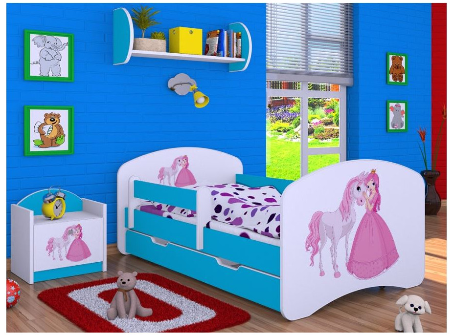 Dětská postel se šuplíkem 180x90cm PRINCEZNA A KONÍK - modrá