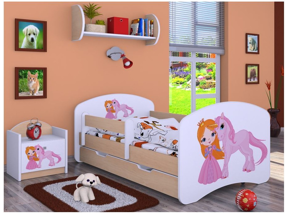 Dětská postel se šuplíkem 160x80cm PRINCEZNA A JEDNOROŽEC - světlá hruška