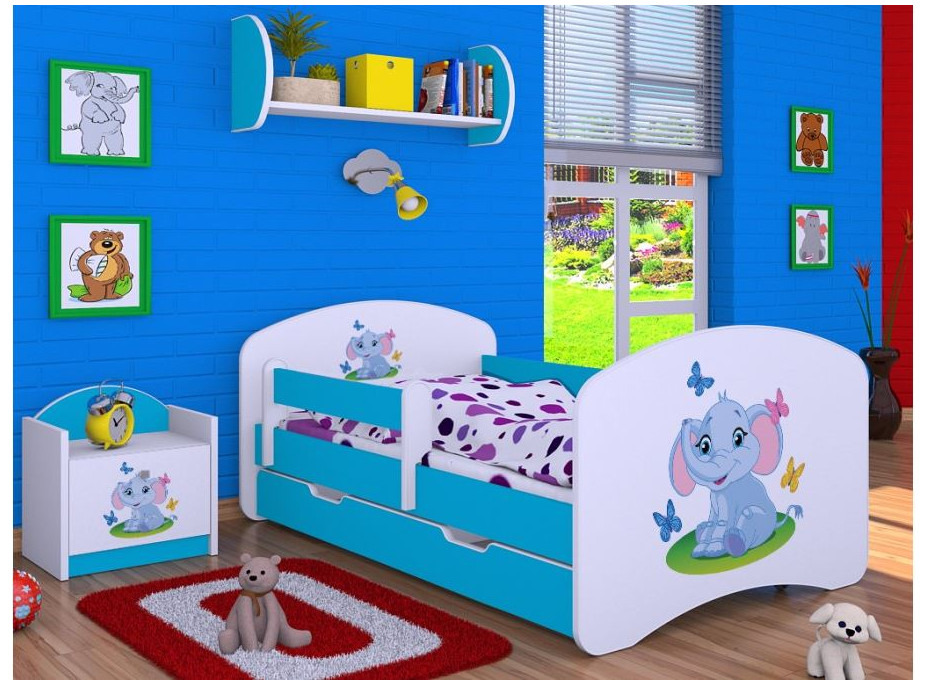 Dětská postel se šuplíkem 180x90cm SLON A MOTÝLCI - modrá