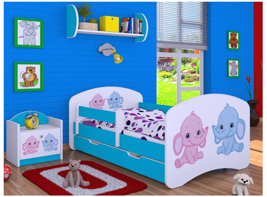 Dětská postel se šuplíkem 180x90cm SLONÍCI - modrá