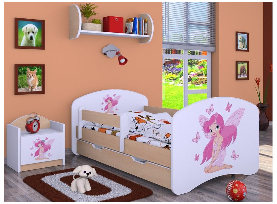 Dětská postel se šuplíkem 160x80cm VÍLA A MOTÝLCI - světlá hruška