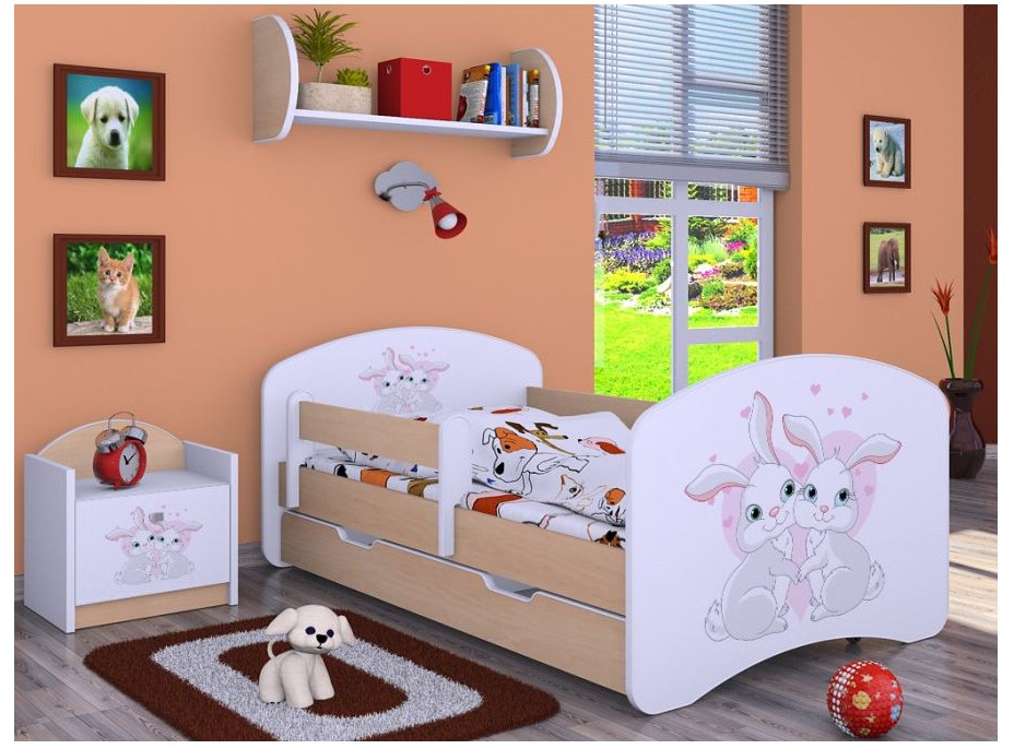Dětská postel se šuplíkem 180x90cm ZAJÍČCI - světlá hruška
