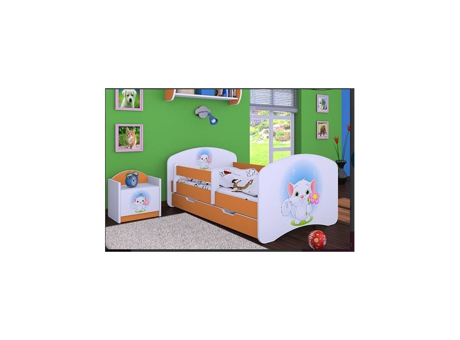 Dětská postel se šuplíkem 180x90cm KOČIČKA S KYTIČKOU - oranžová