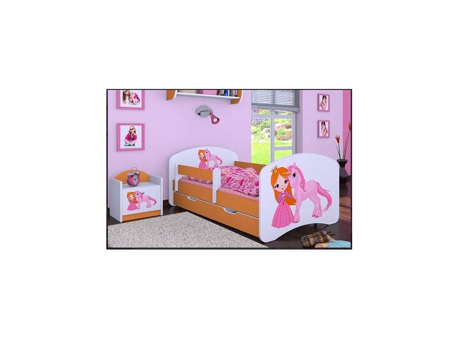 Dětská postel se šuplíkem 160x80cm PRINCEZNA A JEDNOROŽEC - oranžová