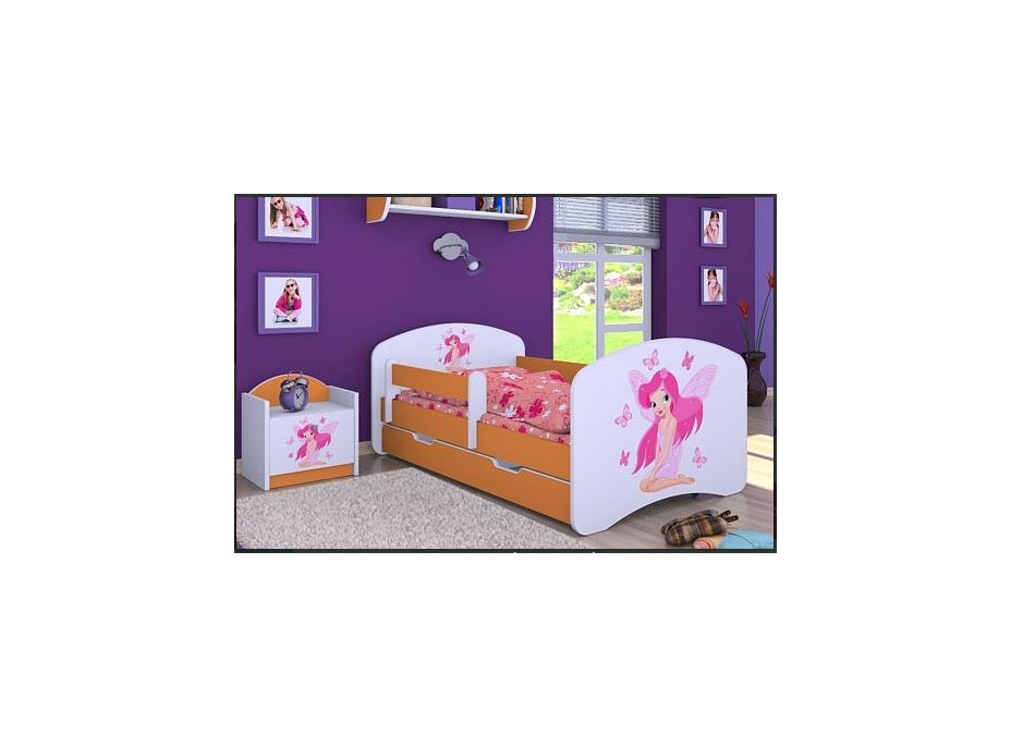 Dětská postel se šuplíkem 180x90cm VÍLA A MOTÝLCI - oranžová