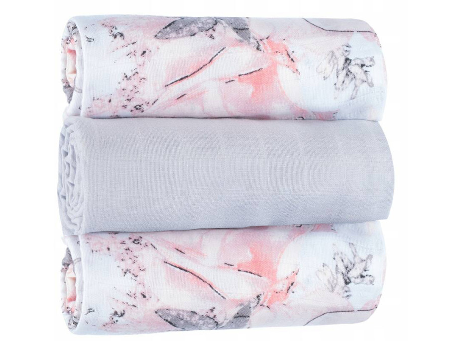 Dětské mušelínové pleny BABY 70x80 cm - sada 3 ks - Růžové květy/šedá