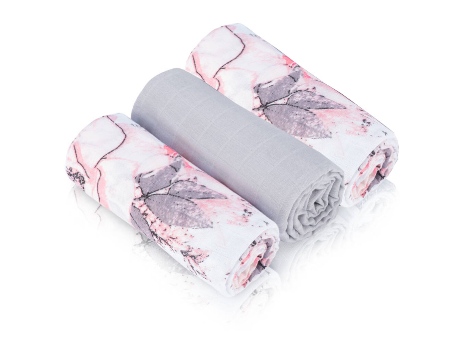 Dětské mušelínové pleny BABY 70x80 cm - sada 3 ks - Růžové květy/šedá