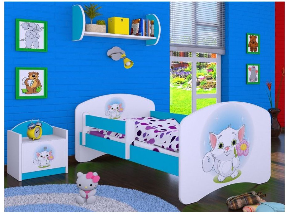 Dětská postel bez šuplíku 160x80cm KOČIČKA S KYTIČKOU - modrá