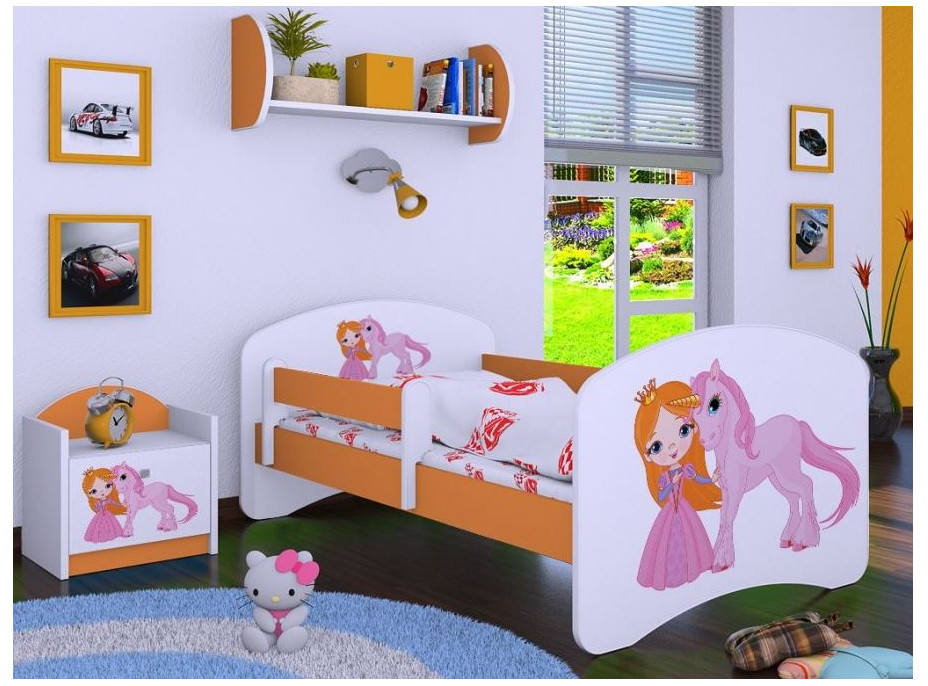Dětská postel bez šuplíku 160x80cm PRINCEZNA A JEDNOROŽEC - oranžová