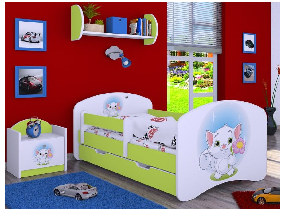 Dětská postel se šuplíkem 180x90cm KOČIČKA S KYTIČKOU - zelená