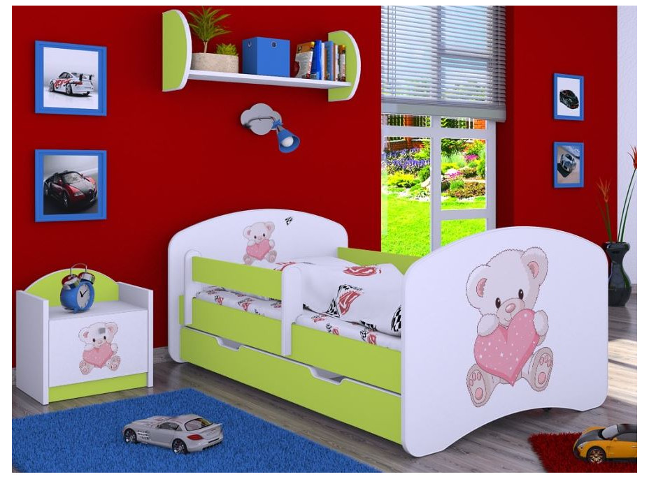 Dětská postel se šuplíkem 180x90cm MEDVÍDEK SE SRDÍČKEM - zelená