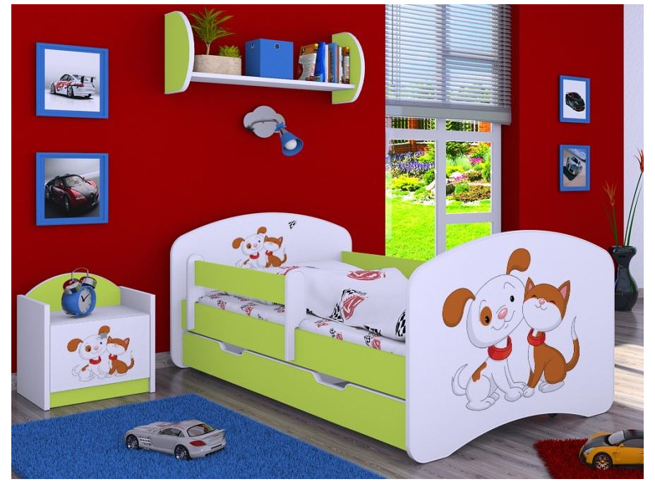 Dětská postel se šuplíkem 160x80cm PEJSEK A KOČIČKA - zelená