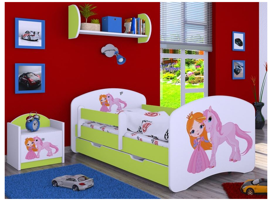Dětská postel se šuplíkem 180x90cm PRINCEZNA A JEDNOROŽEC - zelená