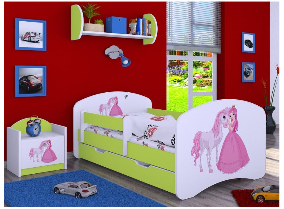 Dětská postel se šuplíkem 180x90cm PRINCEZNA A KONÍK - zelená