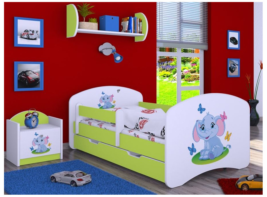 Dětská postel se šuplíkem 180x90cm SLON A MOTÝLCI - zelená