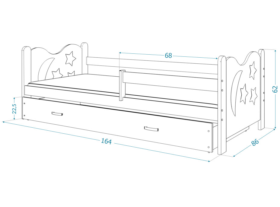 Dětská postel se šuplíkem MIKOLÁŠ - 160x80 cm - bílá/borovice - měsíc a hvězdičky