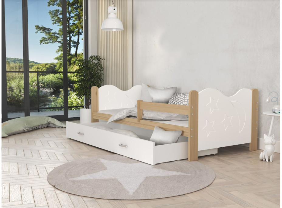Dětská postel se šuplíkem MIKOLÁŠ - 160x80 cm - bílá/borovice - měsíc a hvězdičky