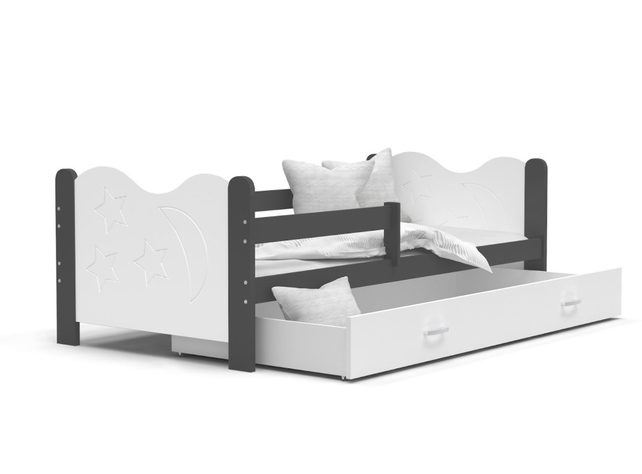 Dětská postel se šuplíkem MIKOLÁŠ - 160x80 cm - bílo-šedá - měsíc a hvězdičky