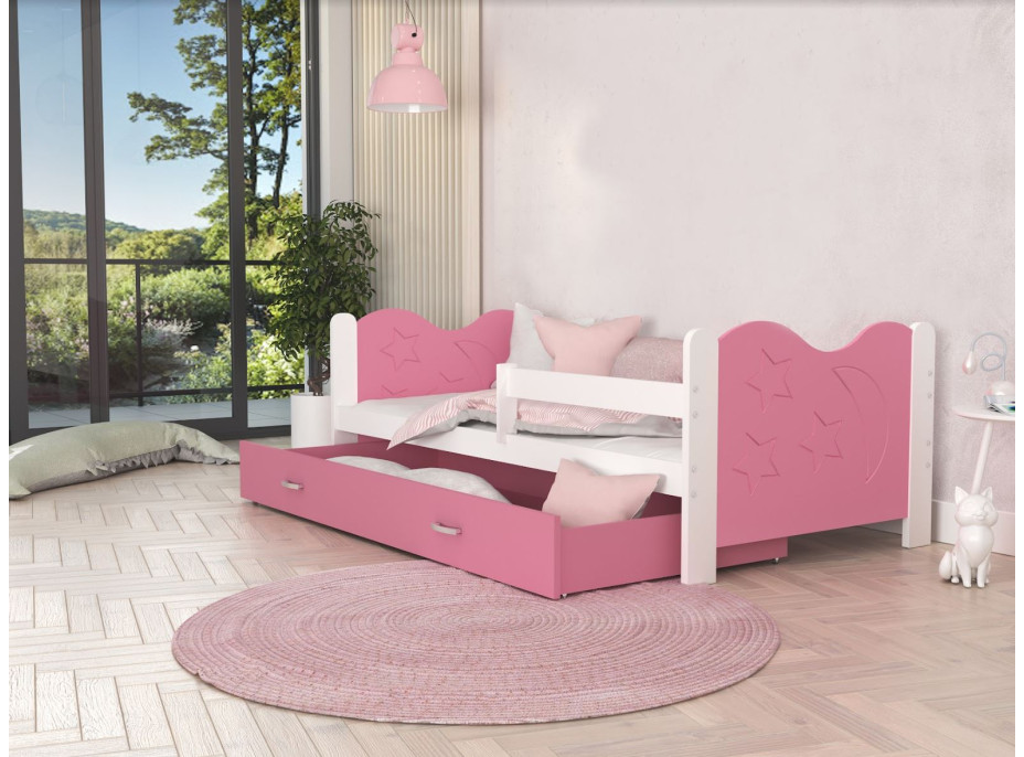 Dětská postel se šuplíkem MIKOLÁŠ - 160x80 cm - růžovo-bílá - měsíc a hvězdičky