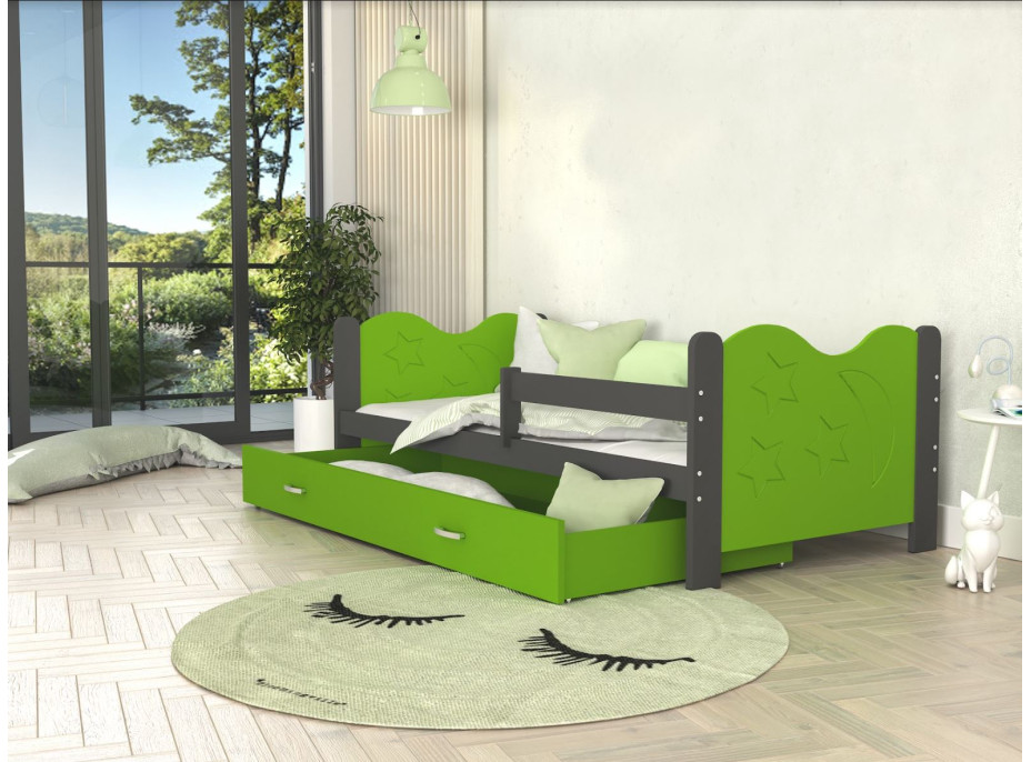 Dětská postel se šuplíkem MIKOLÁŠ - 160x80 cm - zeleno-šedá - měsíc a hvězdičky