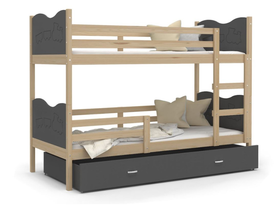 Dětská patrová postel se šuplíkem MAX R - 200x90 cm - šedá/borovice - vláček