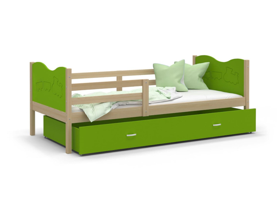 Dětská postel se šuplíkem MAX S - 190x80 cm - zelená/borovice - vláček