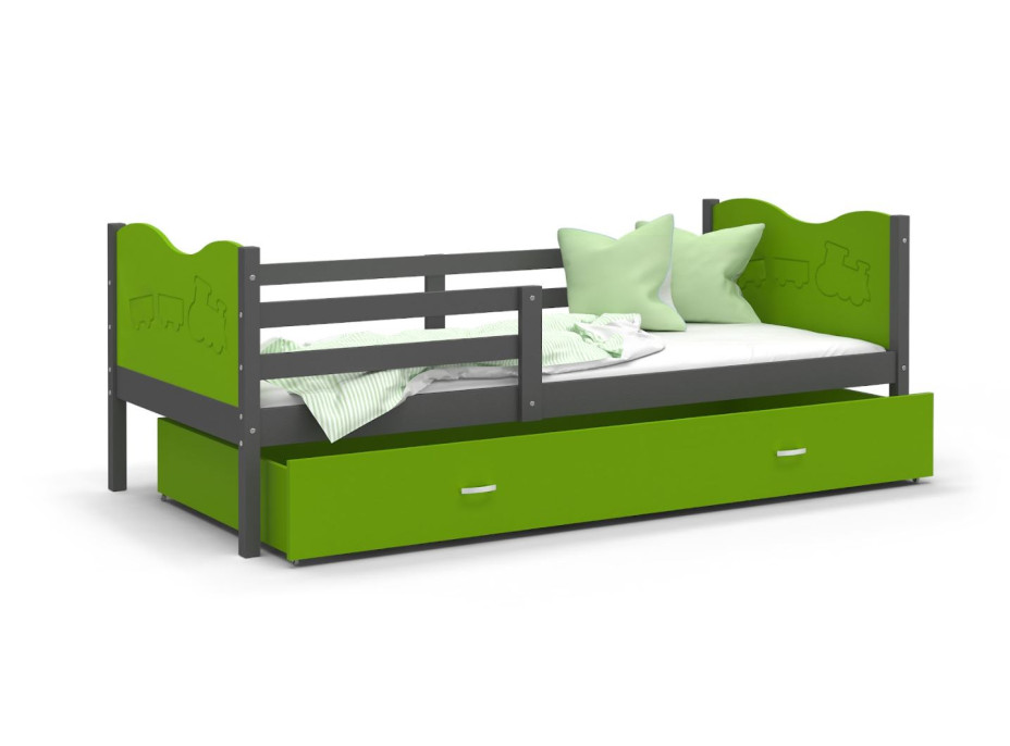 Dětská postel se šuplíkem MAX S - 190x80 cm - zeleno-šedá - vláček