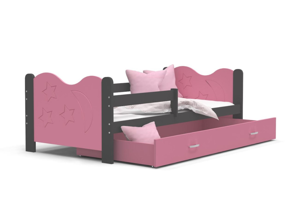 Dětská postel se šuplíkem MIKOLÁŠ - 190x80 cm - růžovo-šedá - měsíc a hvězdičky