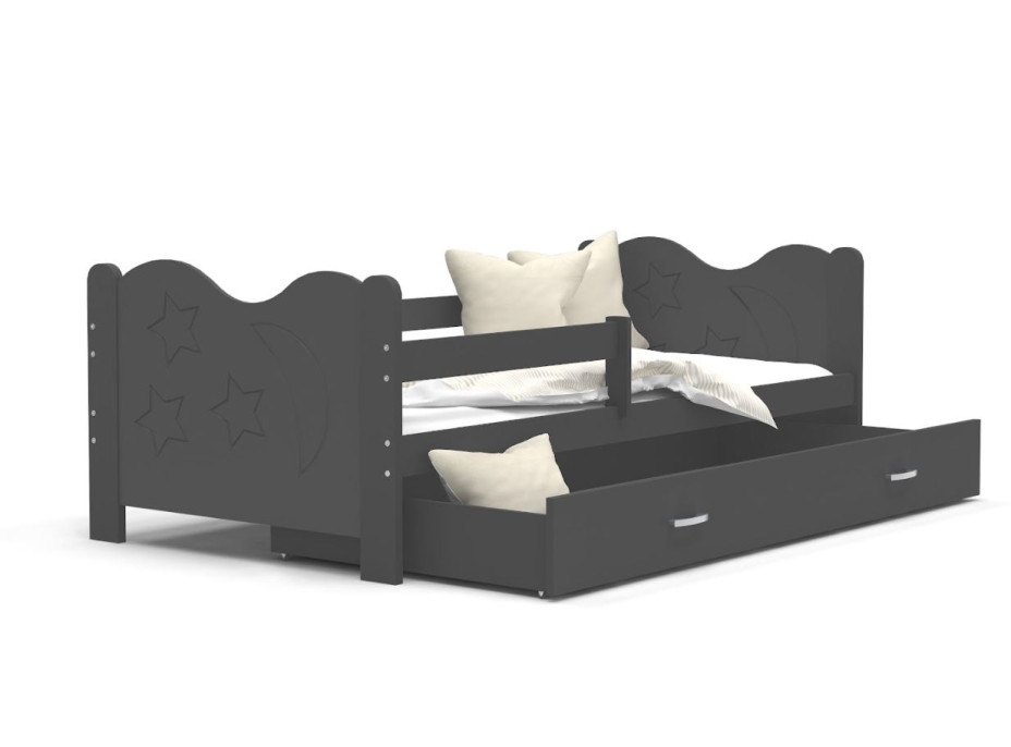 Dětská postel se šuplíkem MIKOLÁŠ - 190x80 cm - šedá - měsíc a hvězdičky
