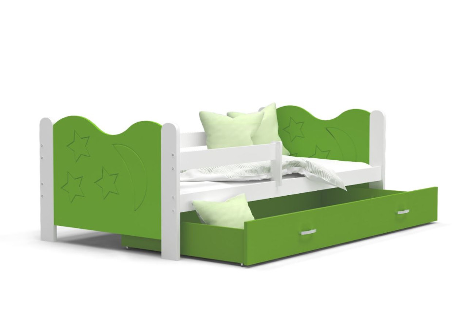 Dětská postel se šuplíkem MIKOLÁŠ - 190x80 cm - zeleno-bílá - měsíc a hvězdičky