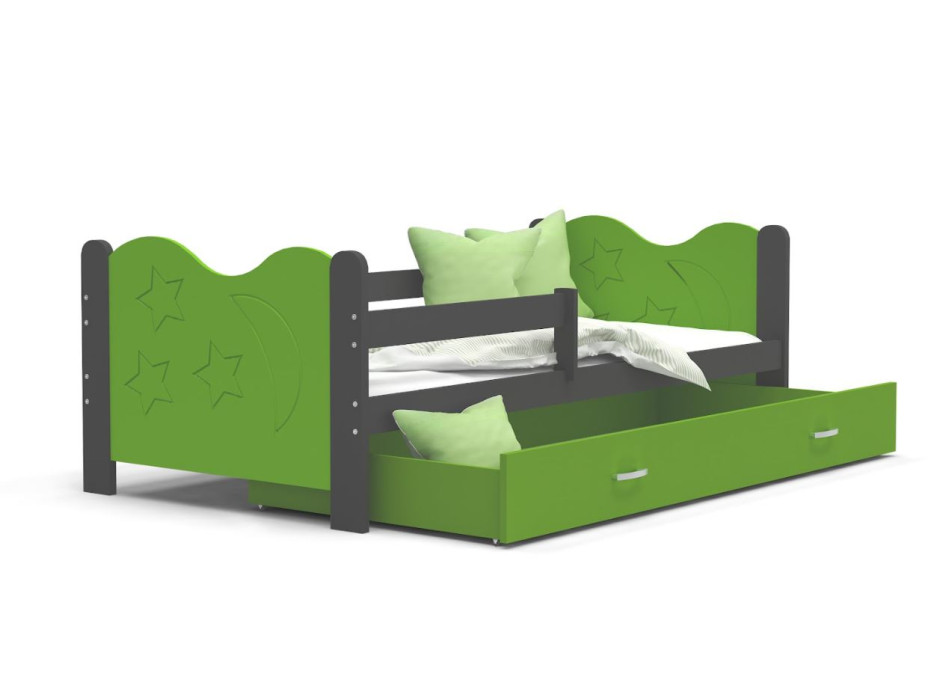 Dětská postel se šuplíkem MIKOLÁŠ - 190x80 cm - zeleno-šedá - měsíc a hvězdičky