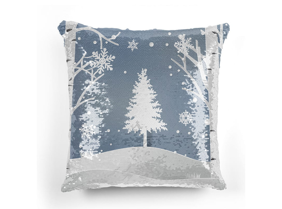 Vánoční polštář CHRISTMAS 40x40 cm - zasněžená příroda - s otočnými flitry