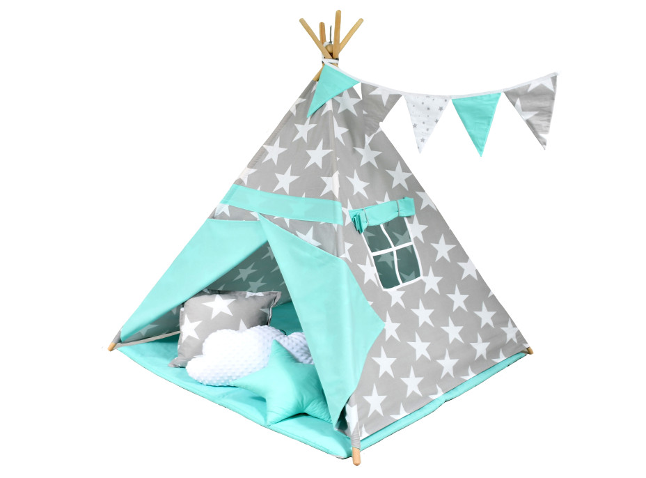 Dětský stan TEEPEE (TÝPÍ) HVĚZDIČKY MÁTOVÝ/ŠEDÝ + doplňky