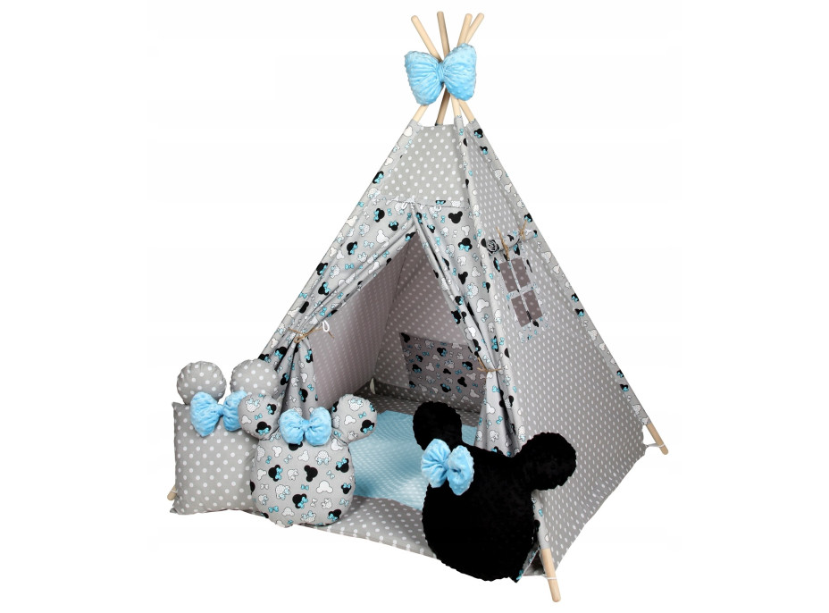 Dětský stan TEEPEE (TÝPÍ) MYŠKA MINNIE s doplňky - šedo/modrý