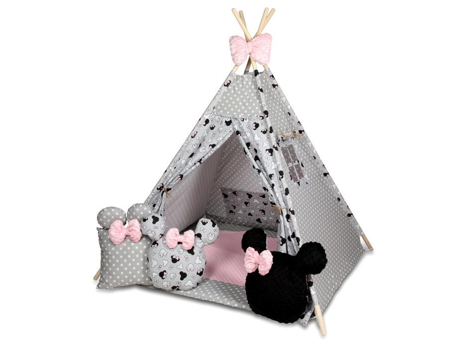 Dětský stan TEEPEE (TÝPÍ) MYŠKA MINNIE s doplňky - šedo/růžový