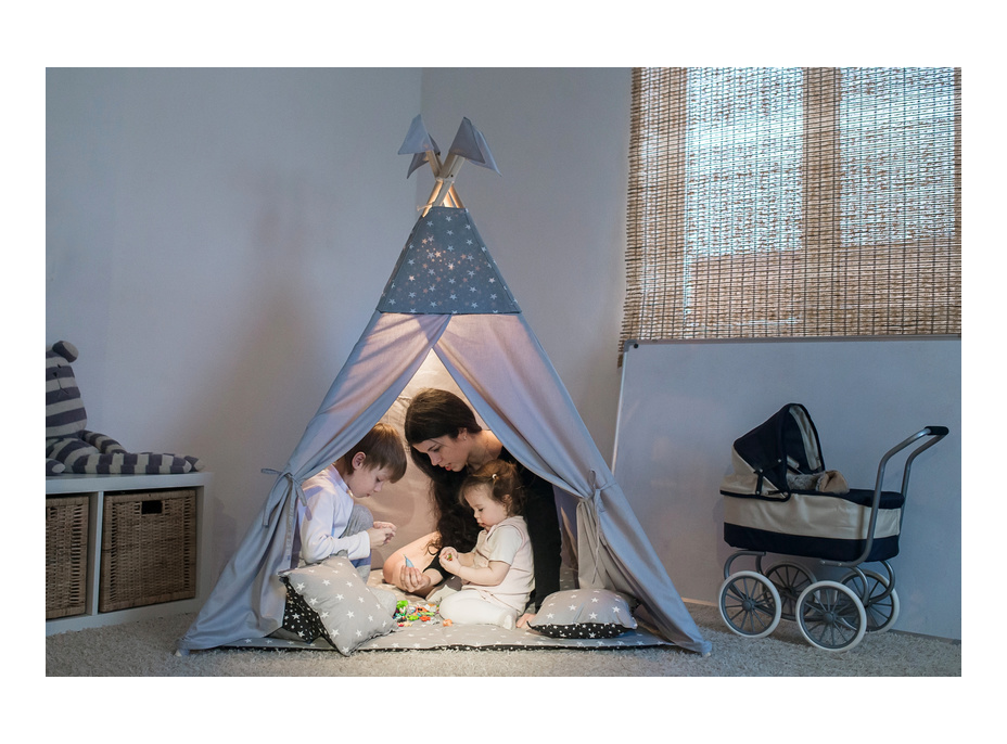 Dětský stan TEEPEE (TÝPÍ) ŠEDÝ S HVĚZDIČKAMI + doplňky