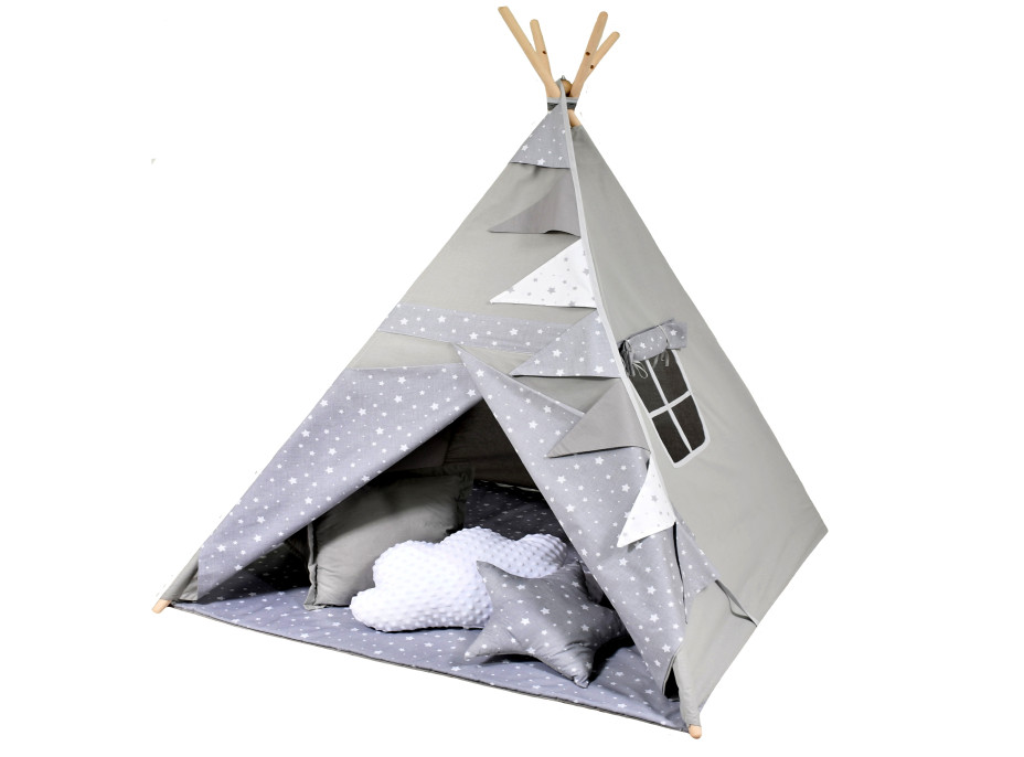 Dětský stan TEEPEE (TÝPÍ) ŠEDÝ S HVĚZDIČKAMI + doplňky