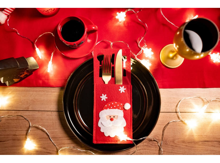 Vánoční obal na příbory - 3 ks - červené - Santa Claus, Sob a Sněhulák