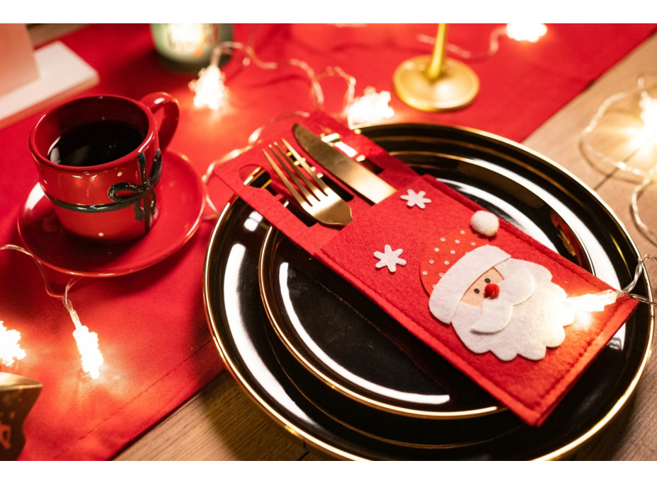 Vánoční obal na příbory - 3 ks - červené - Santa Claus, Sob a Sněhulák