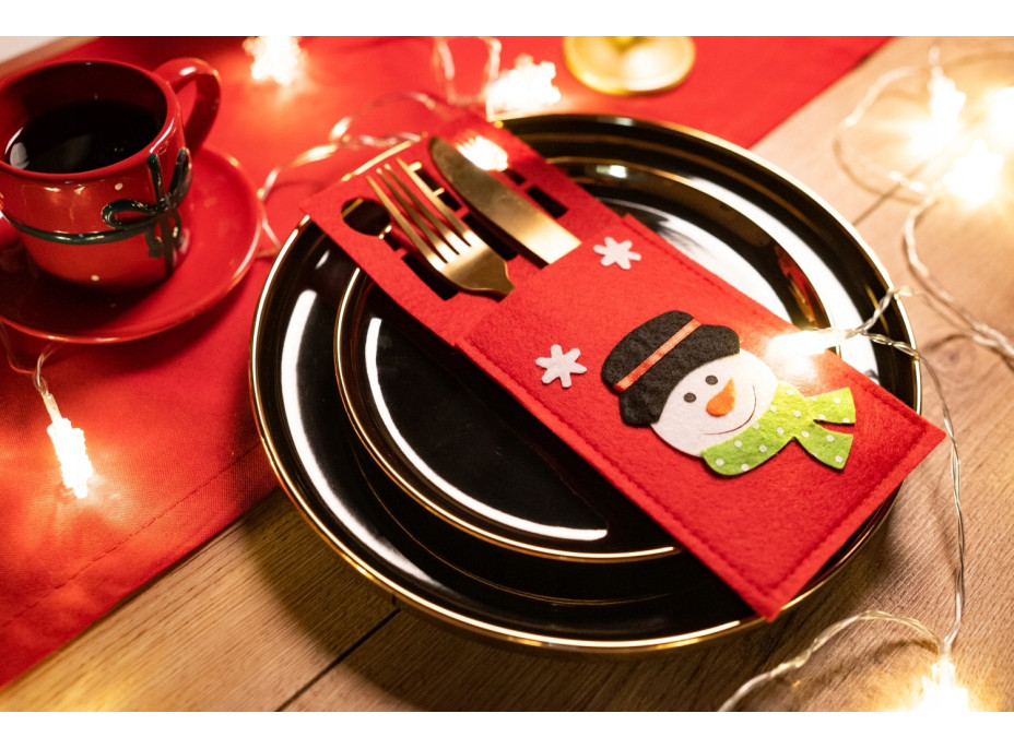 Vánoční obal na příbory - 3 ks - červené - Santa Claus, Sob a Sněhulák